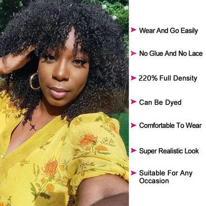 Afro Kinky Curly Human Hair Wig With Bangs Brazilian Hair Human Natural Afro Wig 220% Density Afro Wig For Women Human Hair