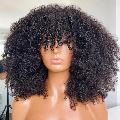 Mongolian Afro Kinky Curly Human Hair Wigs with Bangs Short Brazilian Remy Human Hair Machine Made Wigs for Women Glueless