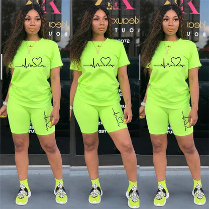 Summer Casual Tracksuit Women Fitness Two Piece Set T-Shirts and Shorts Set Solid Color Print Short Sleeve Top Tees Female Suits