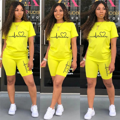 Summer Casual Tracksuit Women Fitness Two Piece Set T-Shirts and Shorts Set Solid Color Print Short Sleeve Top Tees Female Suits