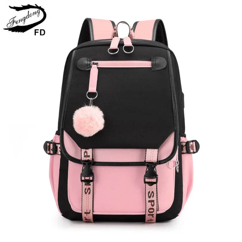 Fengdong large school bags for teenage girls USB port