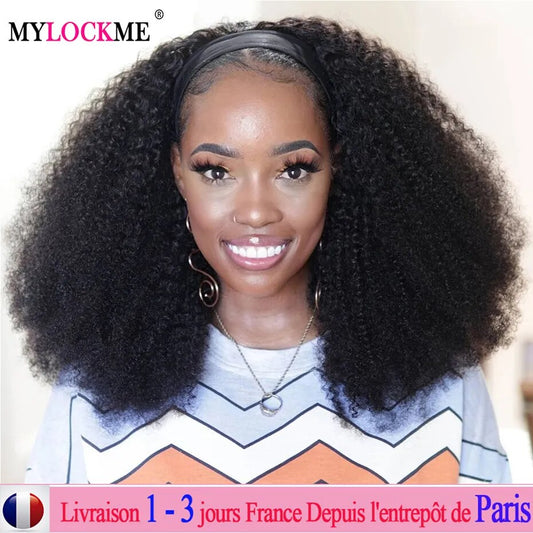 Mylockme Headband Wig Afro Kinky Curly Brazilian Wigs On Promotion 180% Density Human Hair Non Lace Wigs Full Machine Made Wig