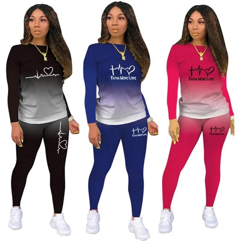 2021 Spring Autumn Women Tracksuit Two Piece Set Casual Sports Gradient Print Top+Pants Sweatsuit Outfits Women's Clothing