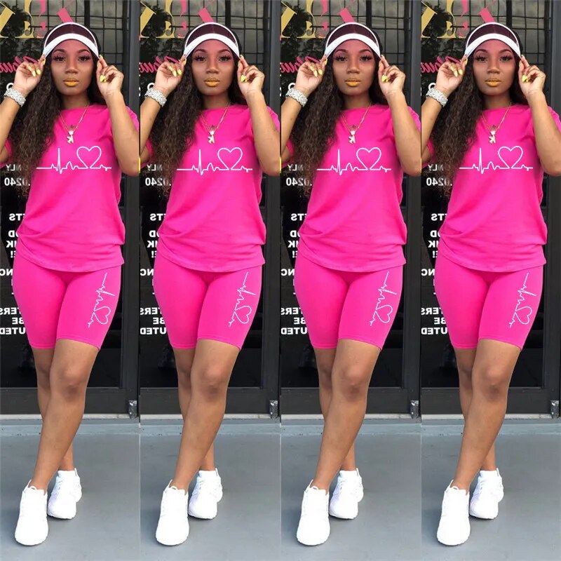 Summer Casual Tracksuit Women Fitness Two Piece Set T-Shirts and Shorts Set Solid Color Print Short Sleeve Top Tees Female Suits