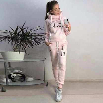 Two Piece Set Tracksuit Women Autumn Spring Hooded Hoodies and Pants Love Heart Pullover Sweatshirts Suit Casual Female Clothes