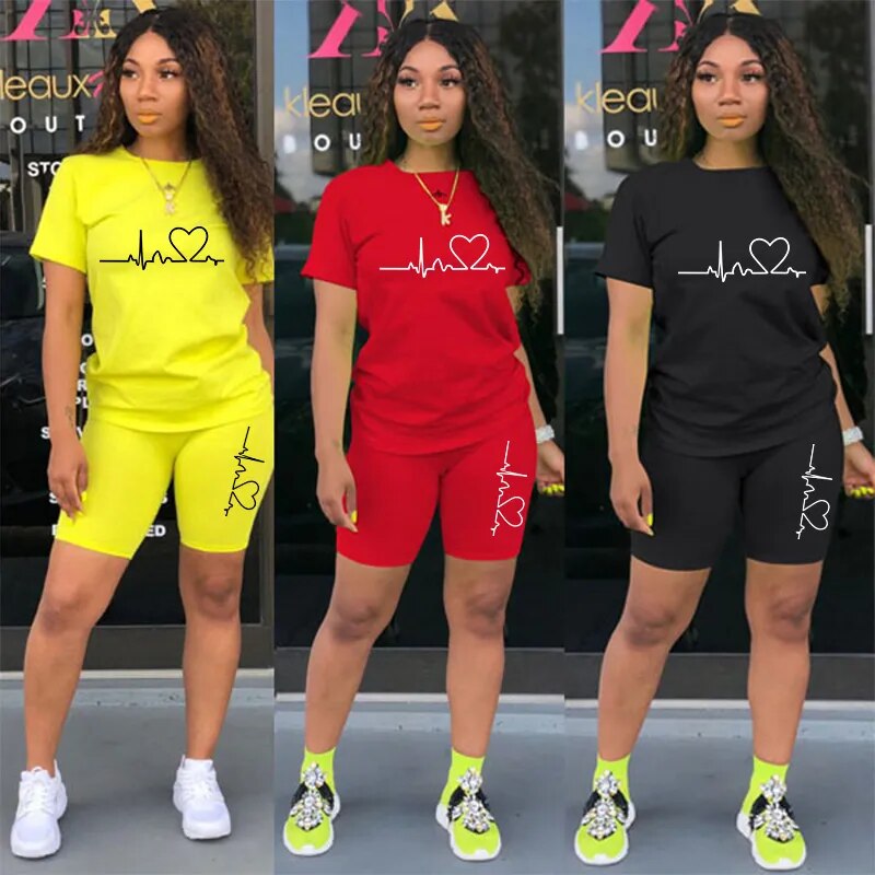 Summer Casual Tracksuit Women Fitness Two Piece Set T-Shirts and Shorts Set Solid Color Print Short Sleeve Top Tees Female Suits