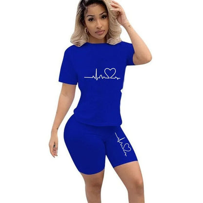 Summer Casual Tracksuit Women Fitness Two Piece Set T-Shirts and Shorts Set Solid Color Print Short Sleeve Top Tees Female Suits